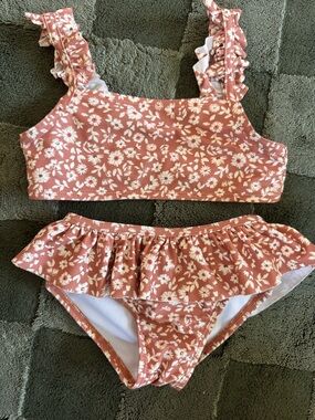 Floral Ruffle Two-Piece Swimsuit - Dusty Rose & Cream